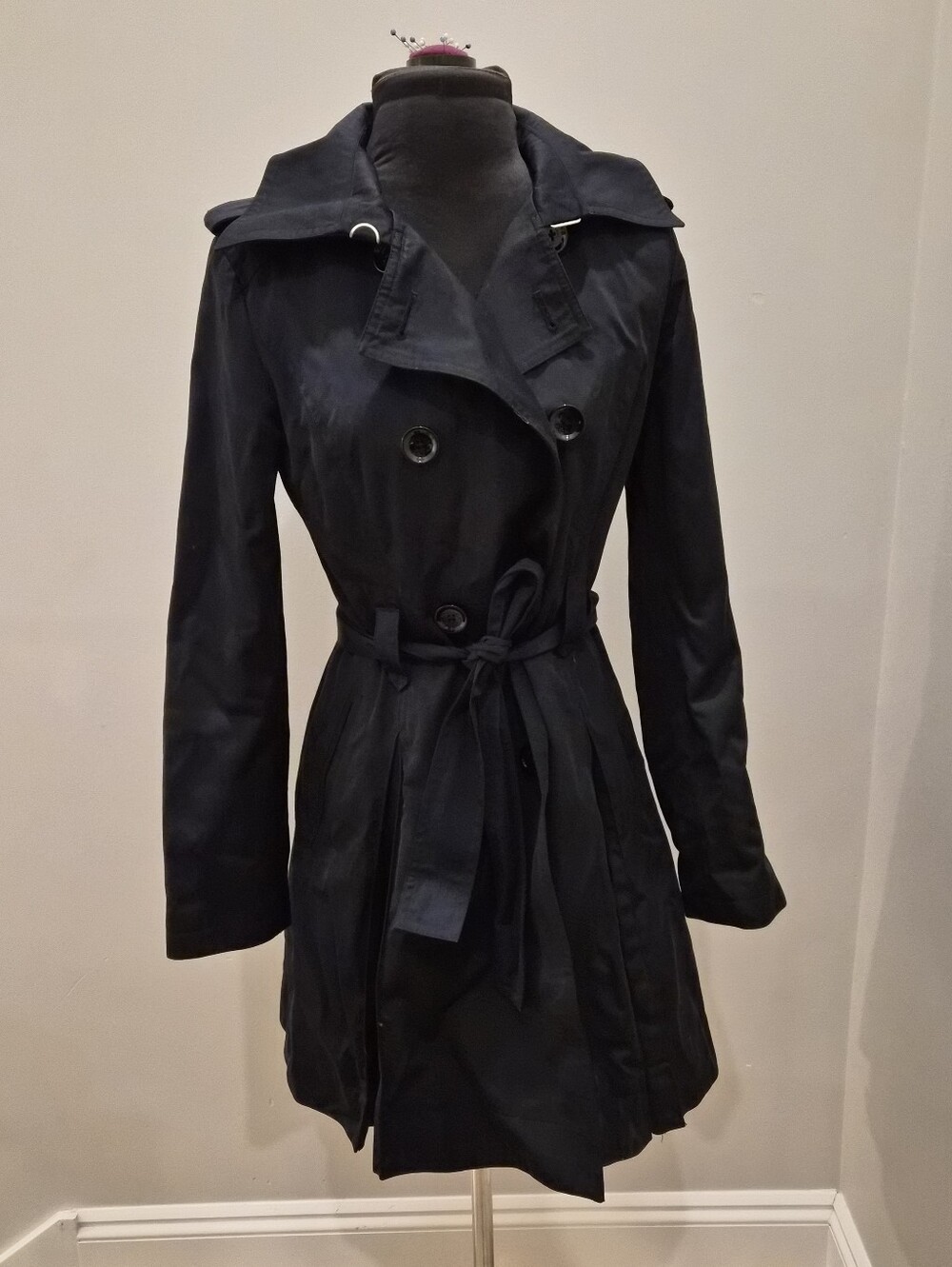 Michael Kors Black Double-Breasted Trench Coat with Waist Tie